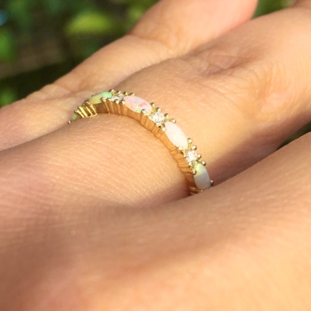 Opal Ring simulated diamonds 14k rose Gold Eternity ring - Picture 4 of 5